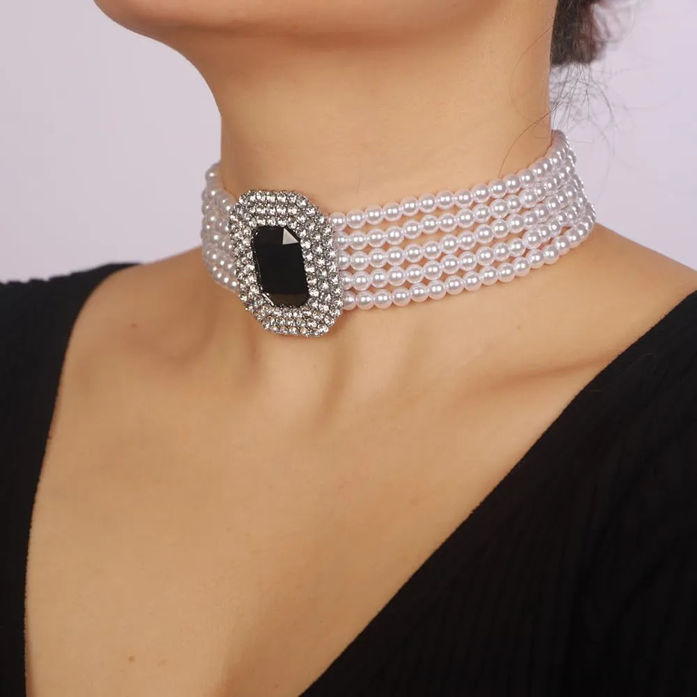 Boho Women Multilayer 1920s Black Green Red Silver Rhinestone Necklaces Dainty Pearls Layered Choker Necklaces Fashion Chunky Pearls Pendant Multilayer Adjustable Layering Chain Necklaces for Women