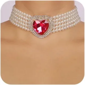 Boho Women Multilayer 1920s Love Heart Rhinestone Necklaces Gold Silver Dainty Pearls Layered Choker Necklaces Fashion Red Pink Chunky Pendant Multilayer Adjustable Layering Chain Necklaces for Women