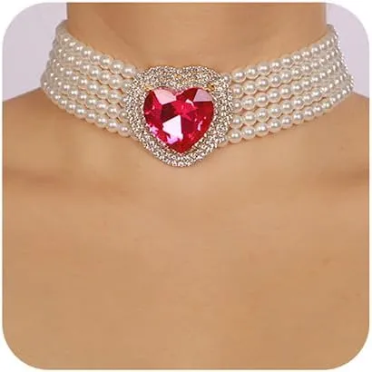 Boho Women Multilayer 1920s Love Heart Rhinestone Necklaces Gold Silver Dainty Pearls Layered Choker Necklaces Fashion Red Pink Chunky Pendant Multilayer Adjustable Layering Chain Necklaces for Women