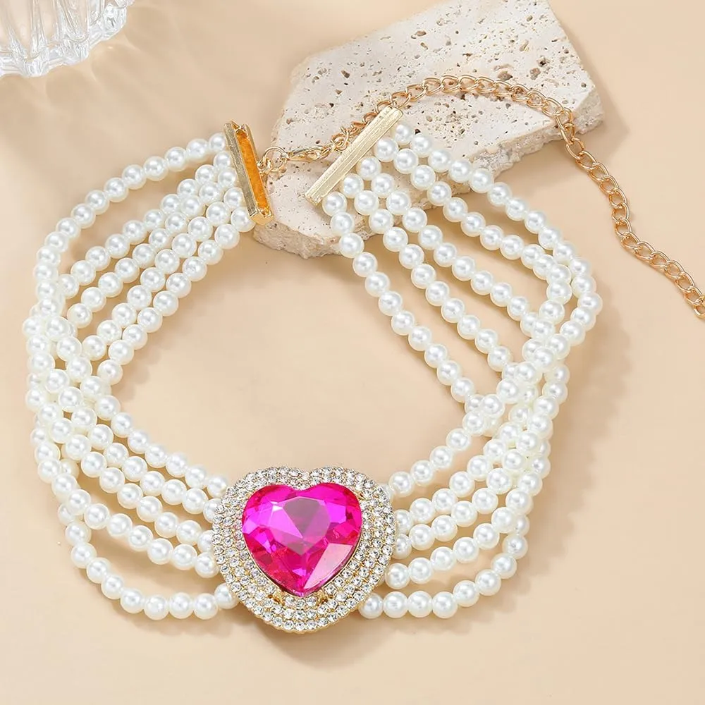 Boho Women Multilayer 1920s Love Heart Rhinestone Necklaces Gold Silver Dainty Pearls Layered Choker Necklaces Fashion Red Pink Chunky Pendant Multilayer Adjustable Layering Chain Necklaces for Women