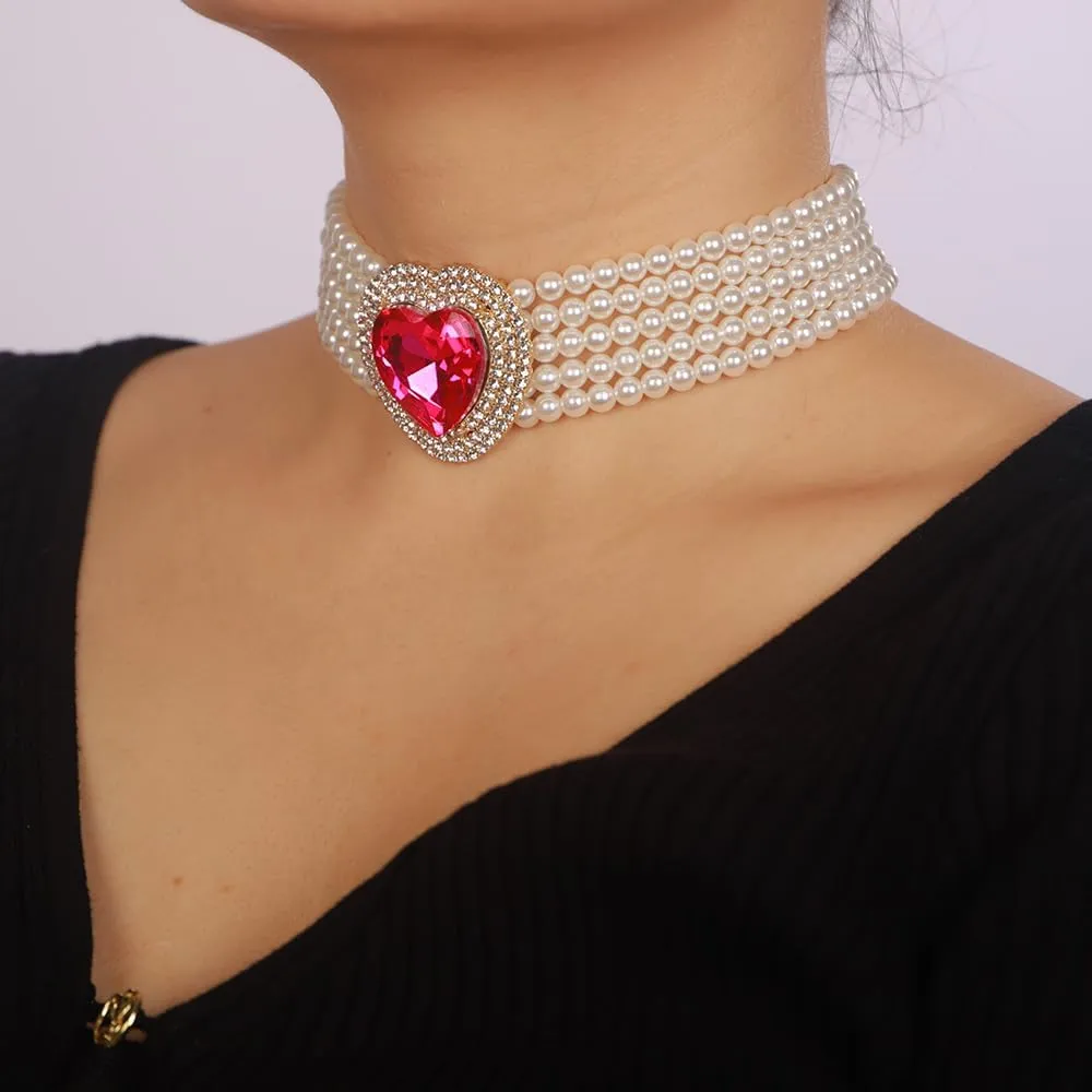 Boho Women Multilayer 1920s Love Heart Rhinestone Necklaces Gold Silver Dainty Pearls Layered Choker Necklaces Fashion Red Pink Chunky Pendant Multilayer Adjustable Layering Chain Necklaces for Women