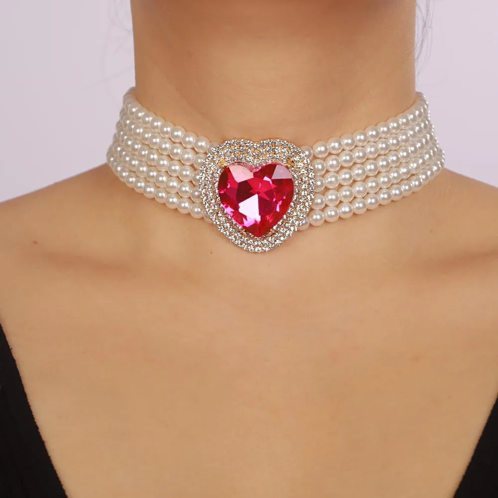 Boho Women Multilayer 1920s Love Heart Rhinestone Necklaces Gold Silver Dainty Pearls Layered Choker Necklaces Fashion Red Pink Chunky Pendant Multilayer Adjustable Layering Chain Necklaces for Women