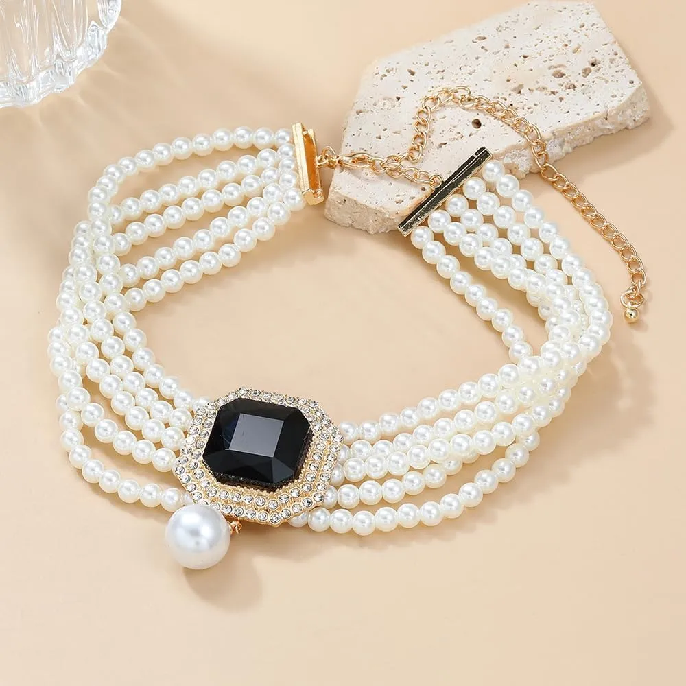 Boho Women Multilayer 1920s Pink Black Green Rhinestone Necklaces Gold Silver Dainty Pearls Layered Choker Necklaces Fashion Chunky Pearls Pendant Multilayer Adjustable Layering Chain Necklaces for Women