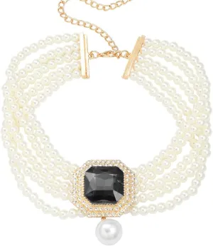 Boho Women Multilayer 1920s Pink Black Green Rhinestone Necklaces Gold Silver Dainty Pearls Layered Choker Necklaces Fashion Chunky Pearls Pendant Multilayer Adjustable Layering Chain Necklaces for Women
