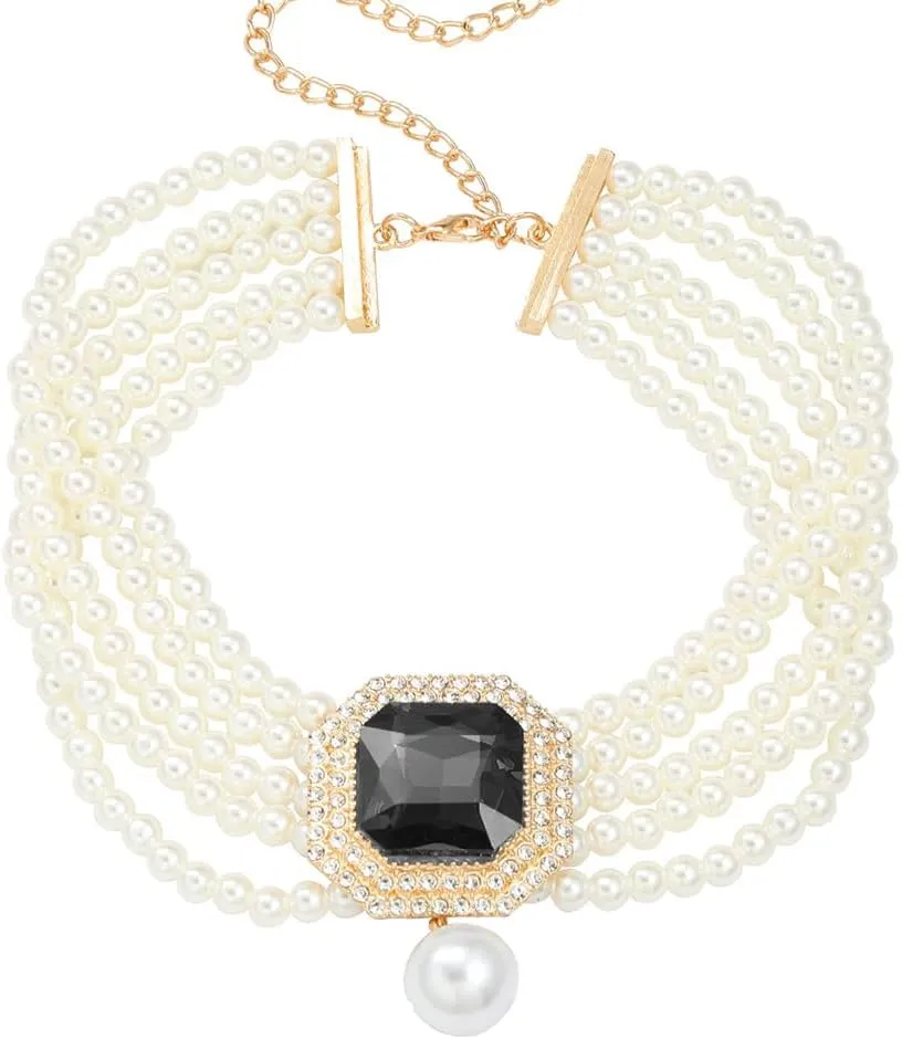 Boho Women Multilayer 1920s Pink Black Green Rhinestone Necklaces Gold Silver Dainty Pearls Layered Choker Necklaces Fashion Chunky Pearls Pendant Multilayer Adjustable Layering Chain Necklaces for Women