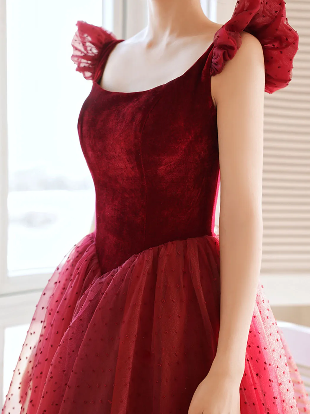 Burgundy Aline Tea Length Prom Dresses, Burgundy Formal Dress With Velvet