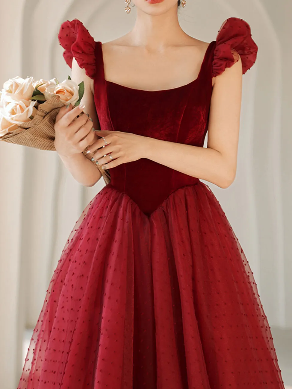 Burgundy Aline Tea Length Prom Dresses, Burgundy Formal Dress With Velvet