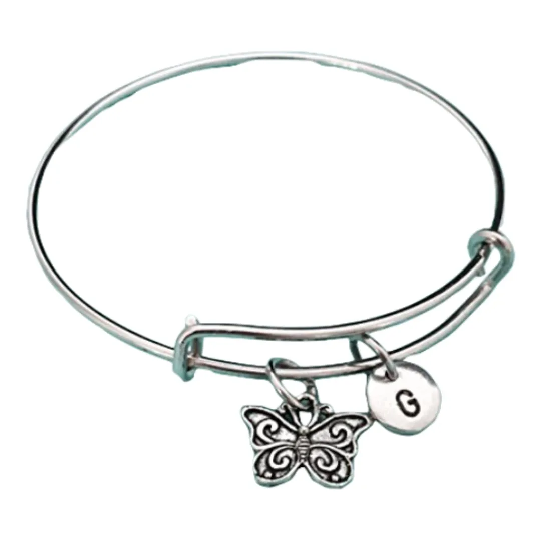 Butterfly bangle, butterfly charm bracelet, expandable bangle, charm bangle, personalized bracelet, initial bracelet, monogram