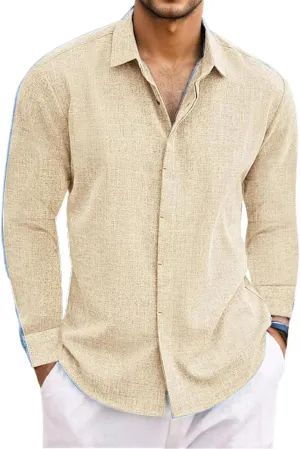 Button Down Linen Shirts for Men Casual Long Sleeve Dress Shirts Light Summer Beach Shirts Solid Stylish Vacation Tops