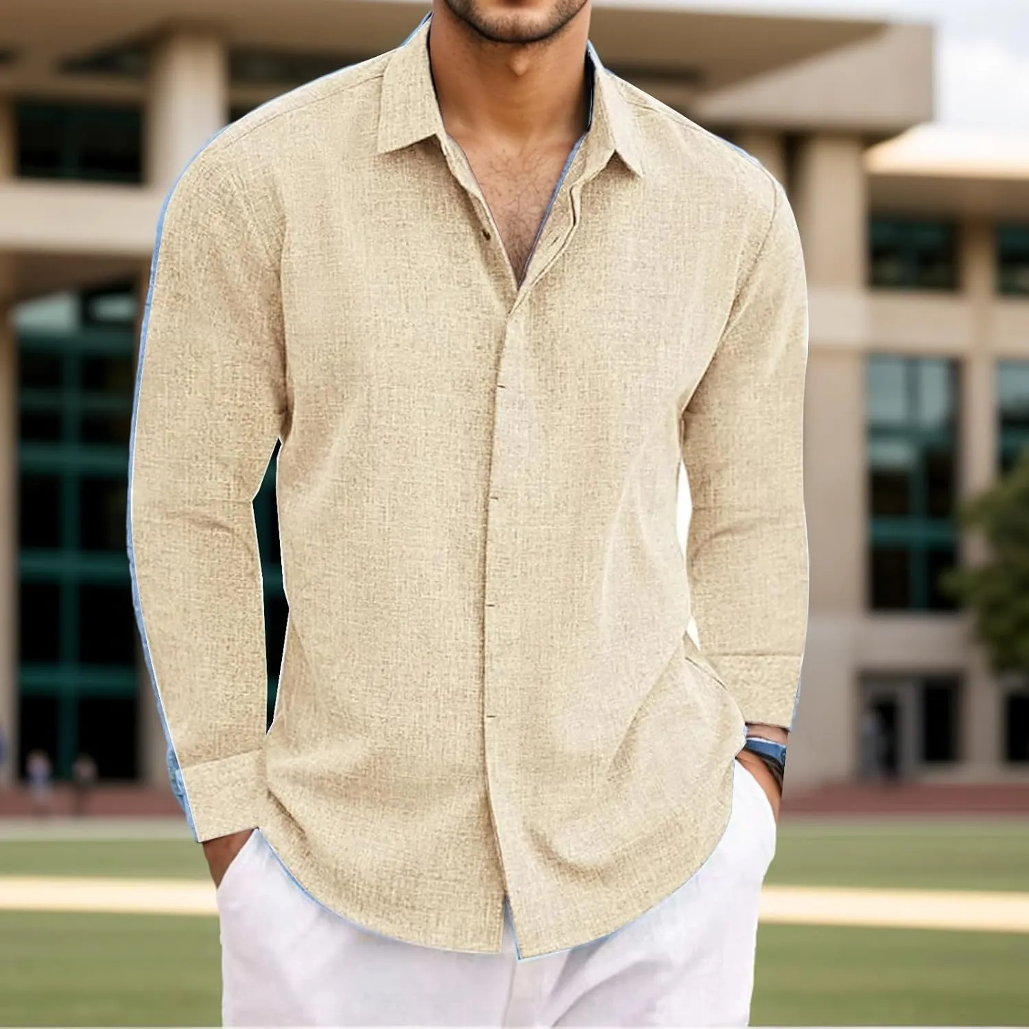 Button Down Linen Shirts for Men Casual Long Sleeve Dress Shirts Light Summer Beach Shirts Solid Stylish Vacation Tops