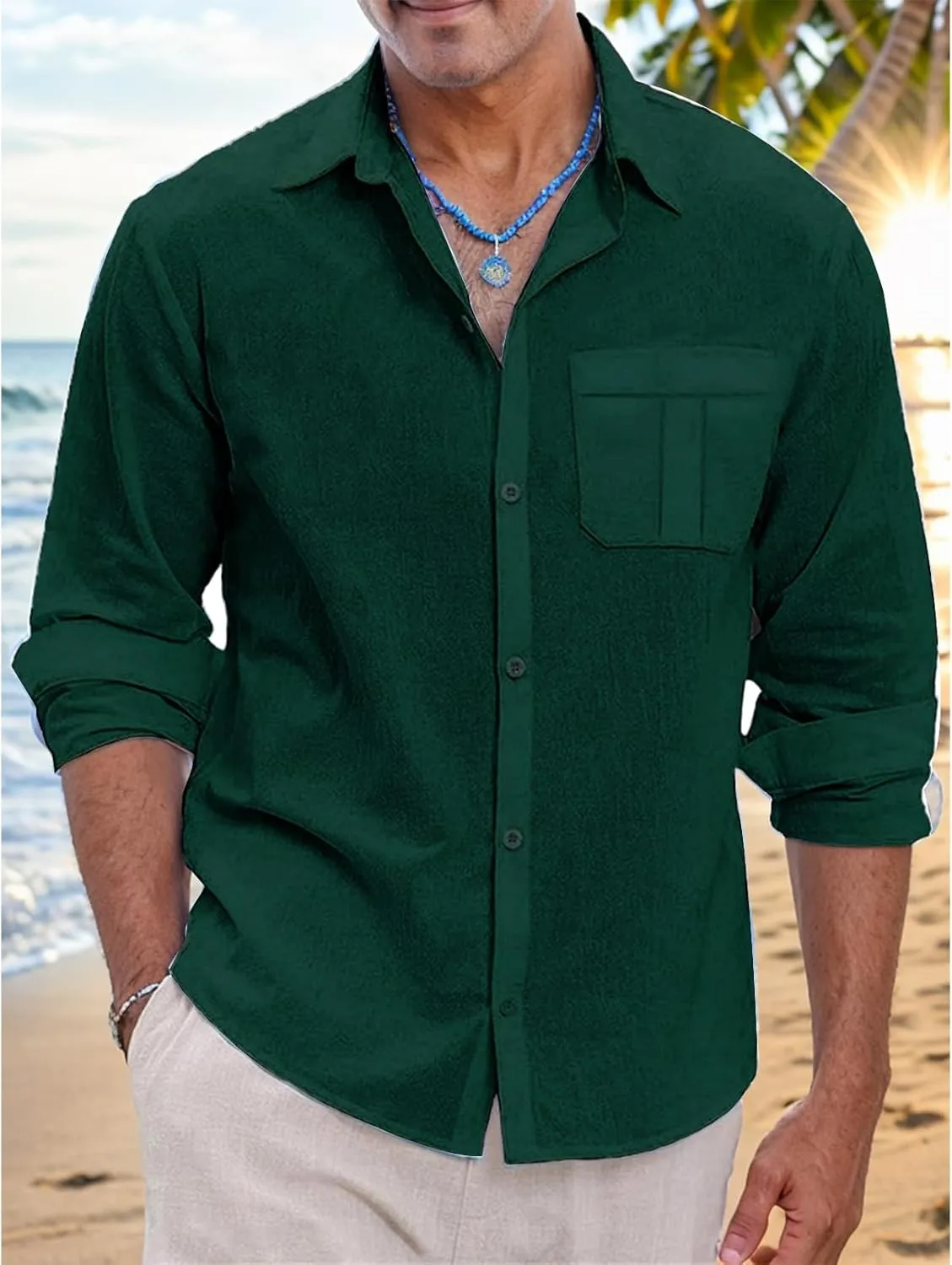 Button Down Shirts for Men Linen T-Shirt Casual Long Sleeve Regular Fit Cotton Beach Shirts