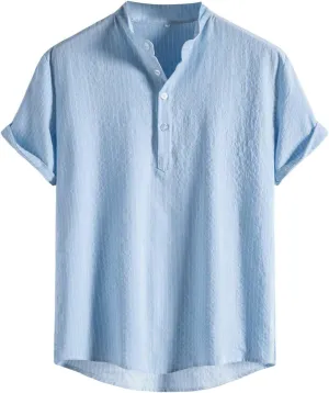 Button Up Shirt Men Linen Half Button Collar Short Sleeve Casual Shirts Solid Color Lightweight Loose Fit Top
