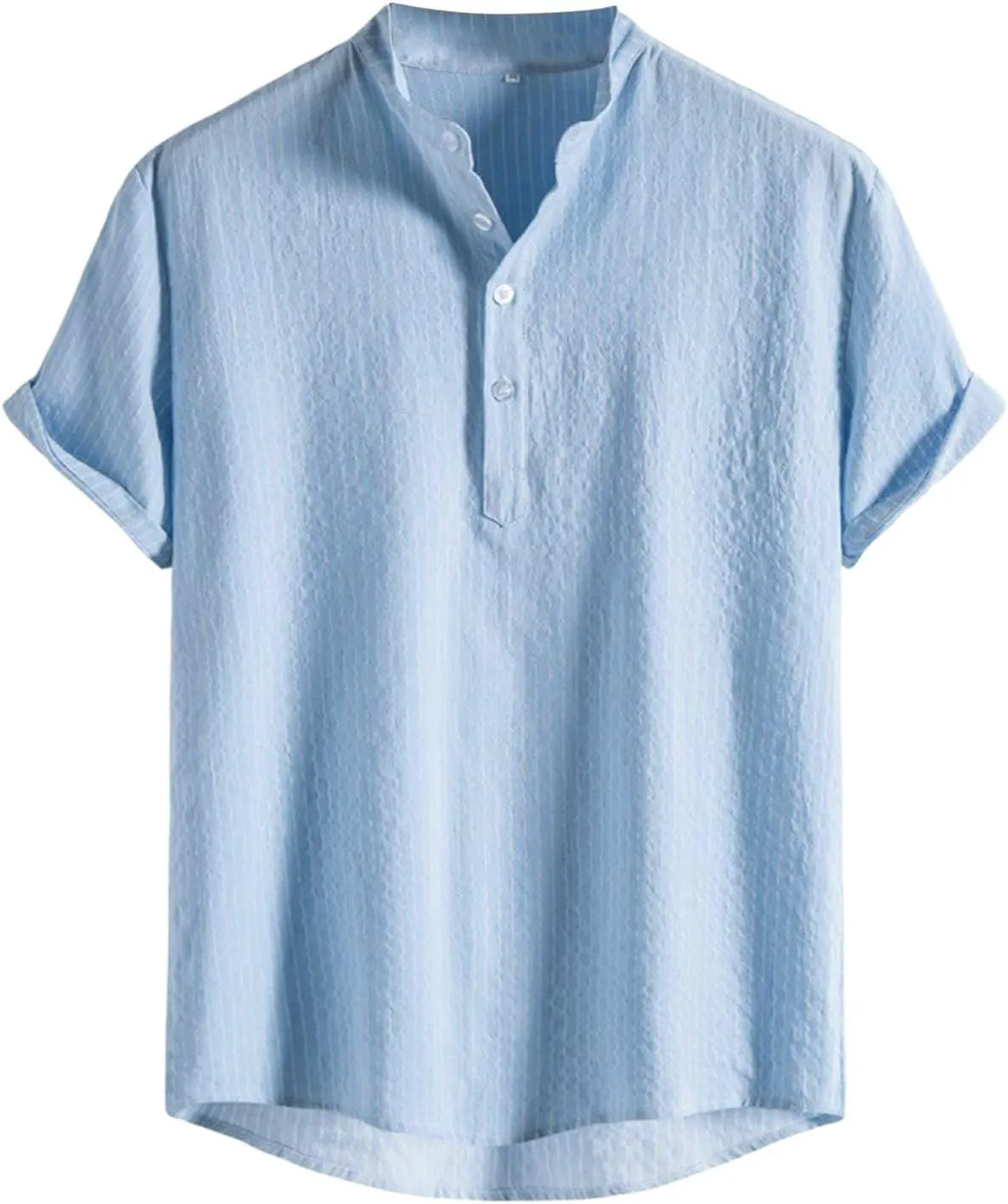 Button Up Shirt Men Linen Half Button Collar Short Sleeve Casual Shirts Solid Color Lightweight Loose Fit Top