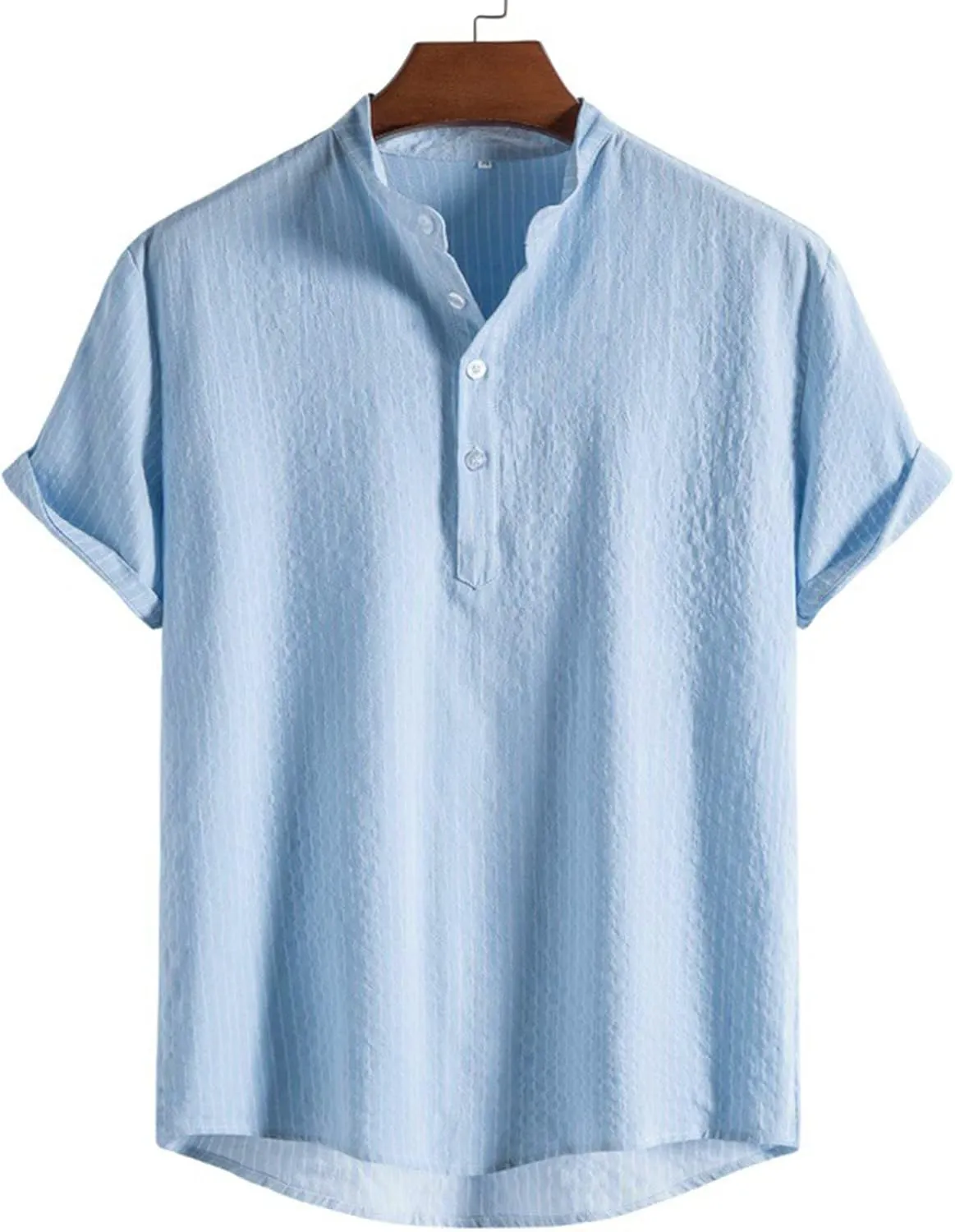 Button Up Shirt Men Linen Half Button Collar Short Sleeve Casual Shirts Solid Color Lightweight Loose Fit Top