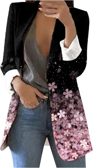 Casual Blazers Jacket for Women Long Sleeve Lapel Cardigan Open Front Printed Coat Office Work Non Button Closure Light