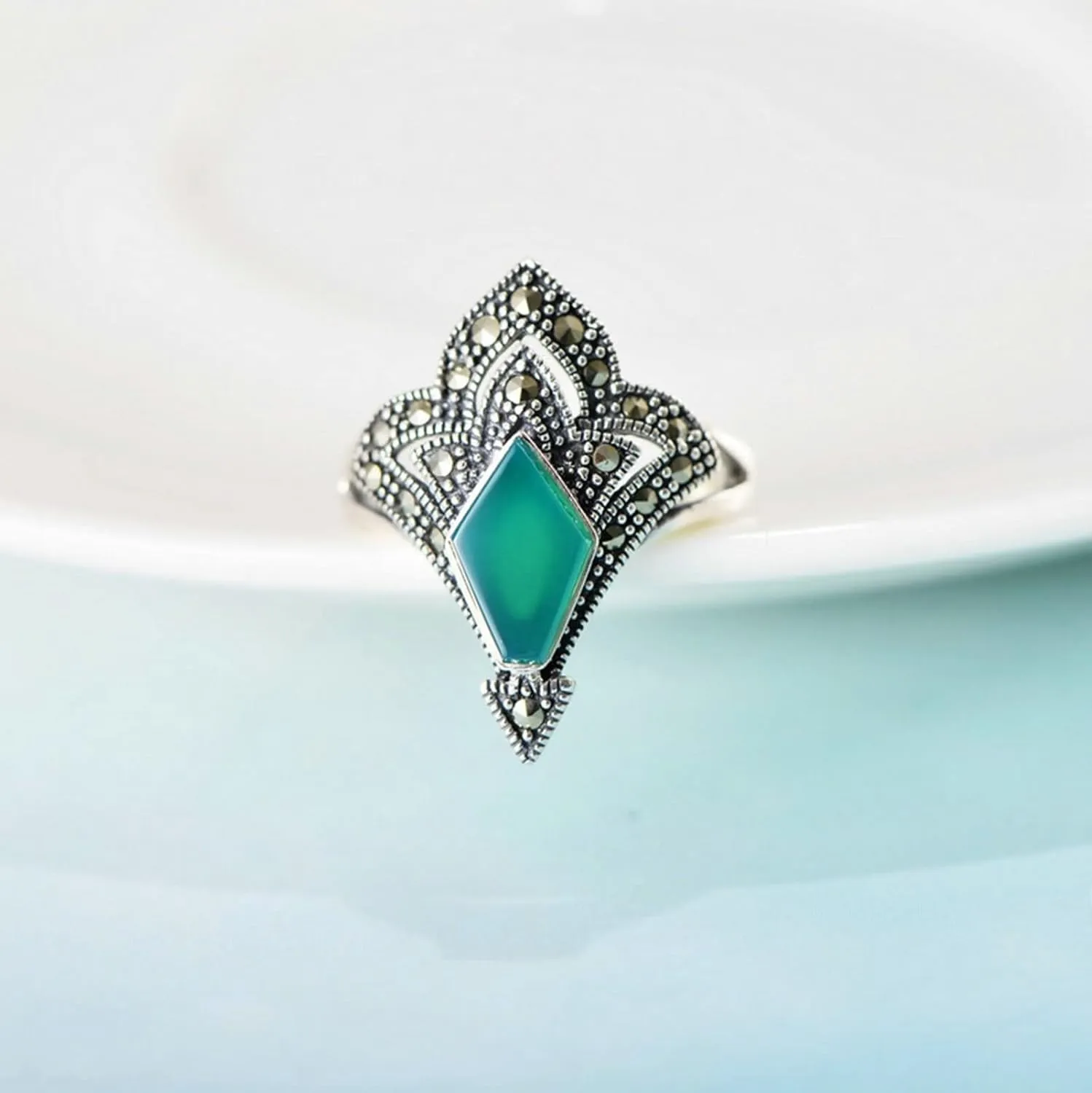 Casual Rings for Women, Finger Knuckle Rings Geometric Green OnyRing 925 Sterling Silver(M 1/2)