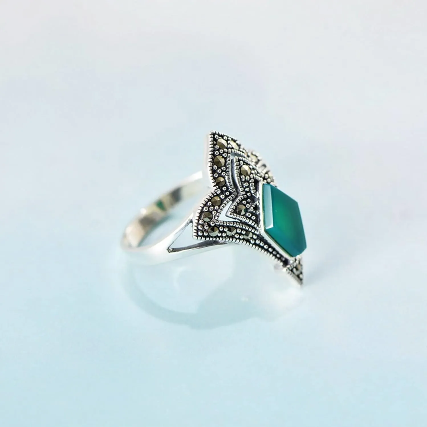 Casual Rings for Women, Finger Knuckle Rings Geometric Green OnyRing 925 Sterling Silver(M 1/2)