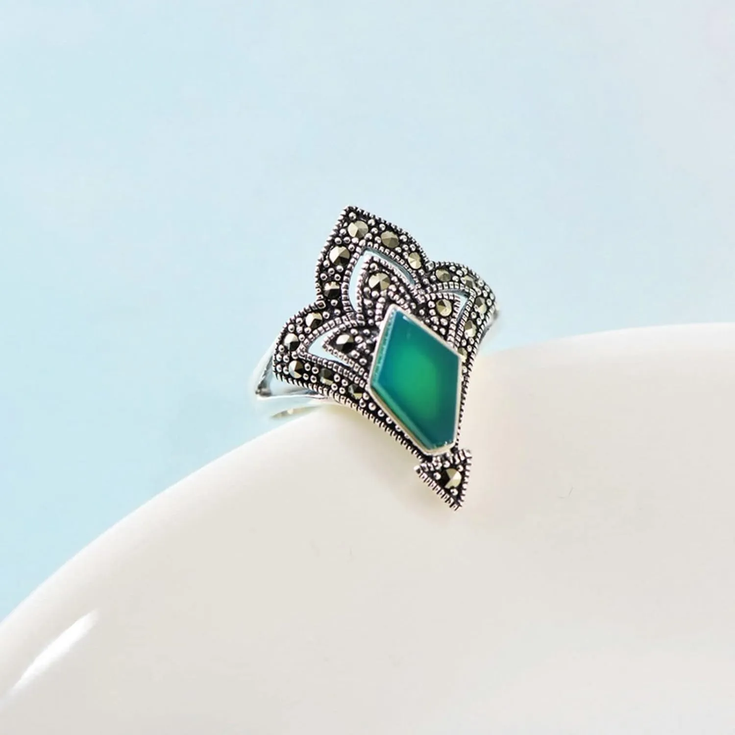 Casual Rings for Women, Finger Knuckle Rings Geometric Green OnyRing 925 Sterling Silver(M 1/2)