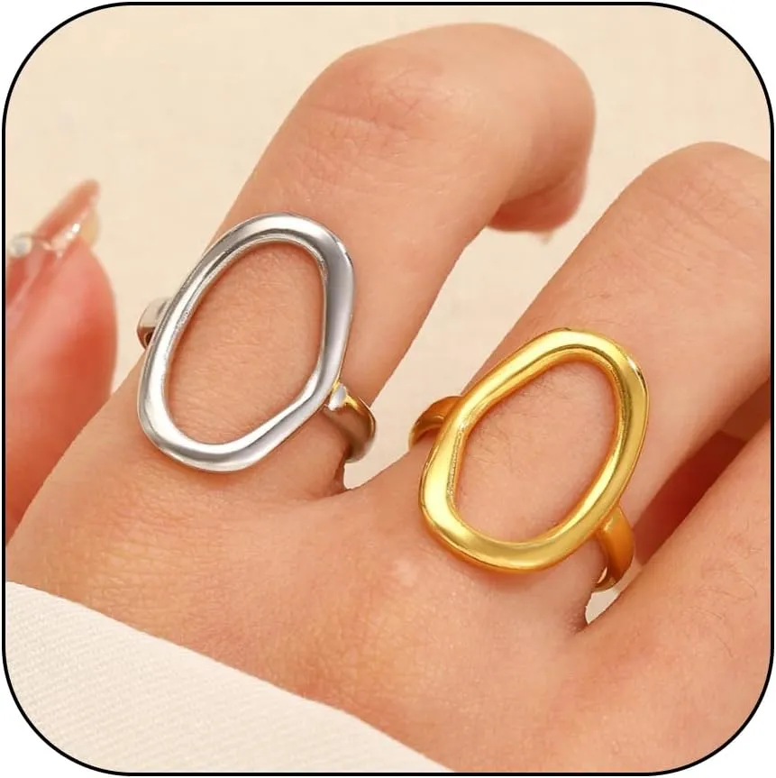Charm Oval Round Loop Open Rings Set for Women, Simple 14K Gold Geometric Circle Knuckle Statement Rings Minimalist Irregular Finger Rings Gifts