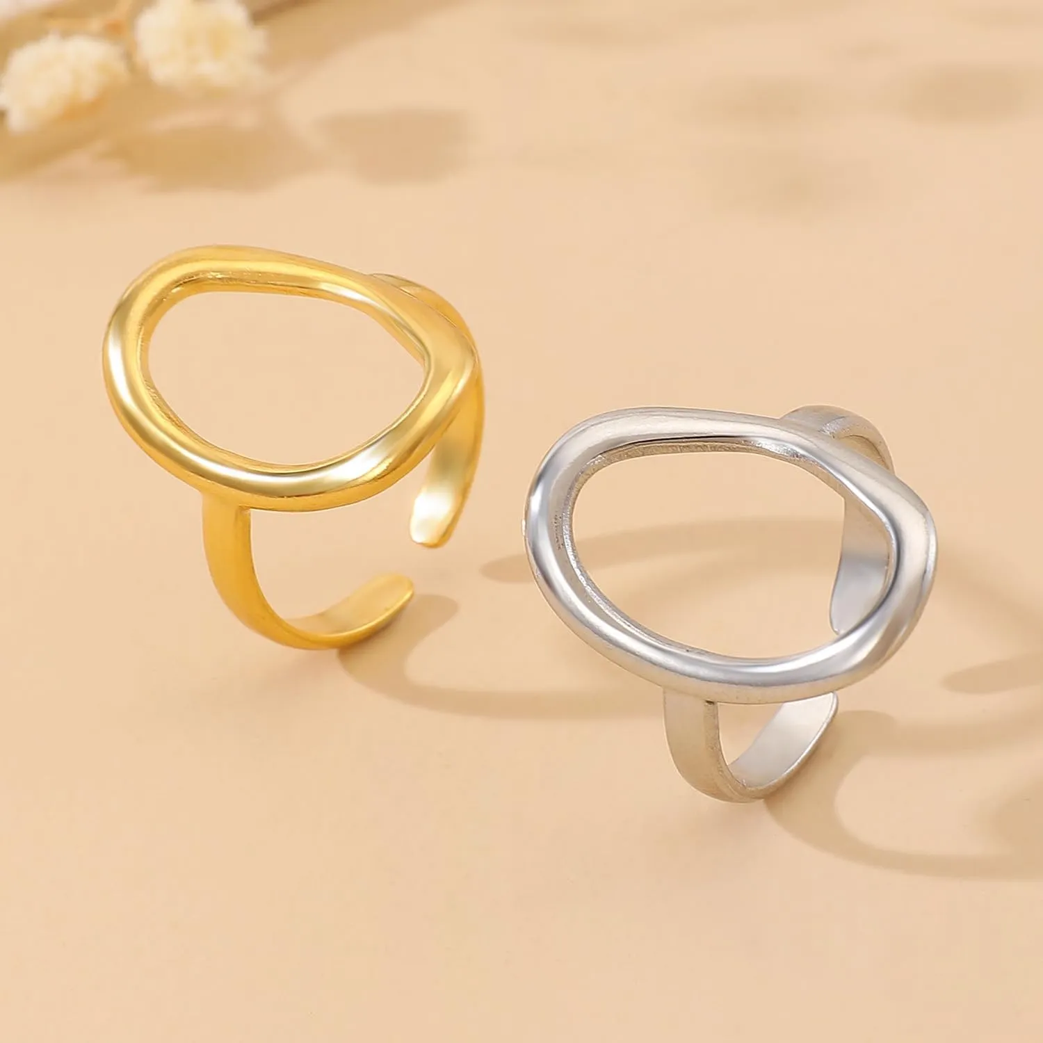 Charm Oval Round Loop Open Rings Set for Women, Simple 14K Gold Geometric Circle Knuckle Statement Rings Minimalist Irregular Finger Rings Gifts