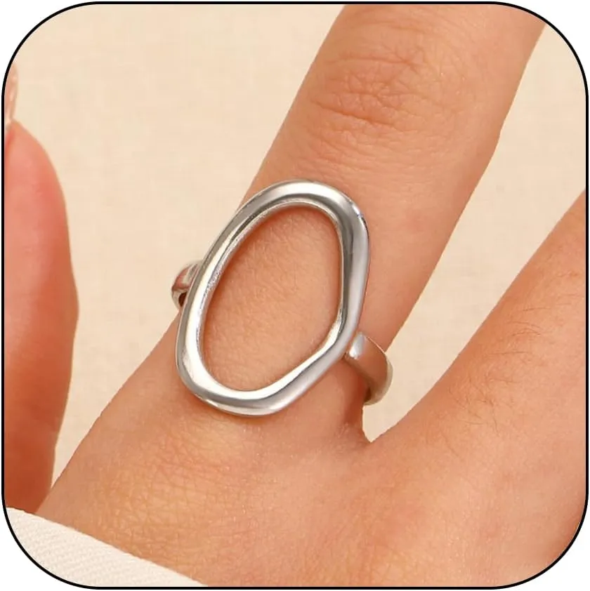 Charm Oval Round Loop Open Rings Set for Women, Simple 14K Gold Geometric Circle Knuckle Statement Rings Minimalist Irregular Finger Rings Gifts