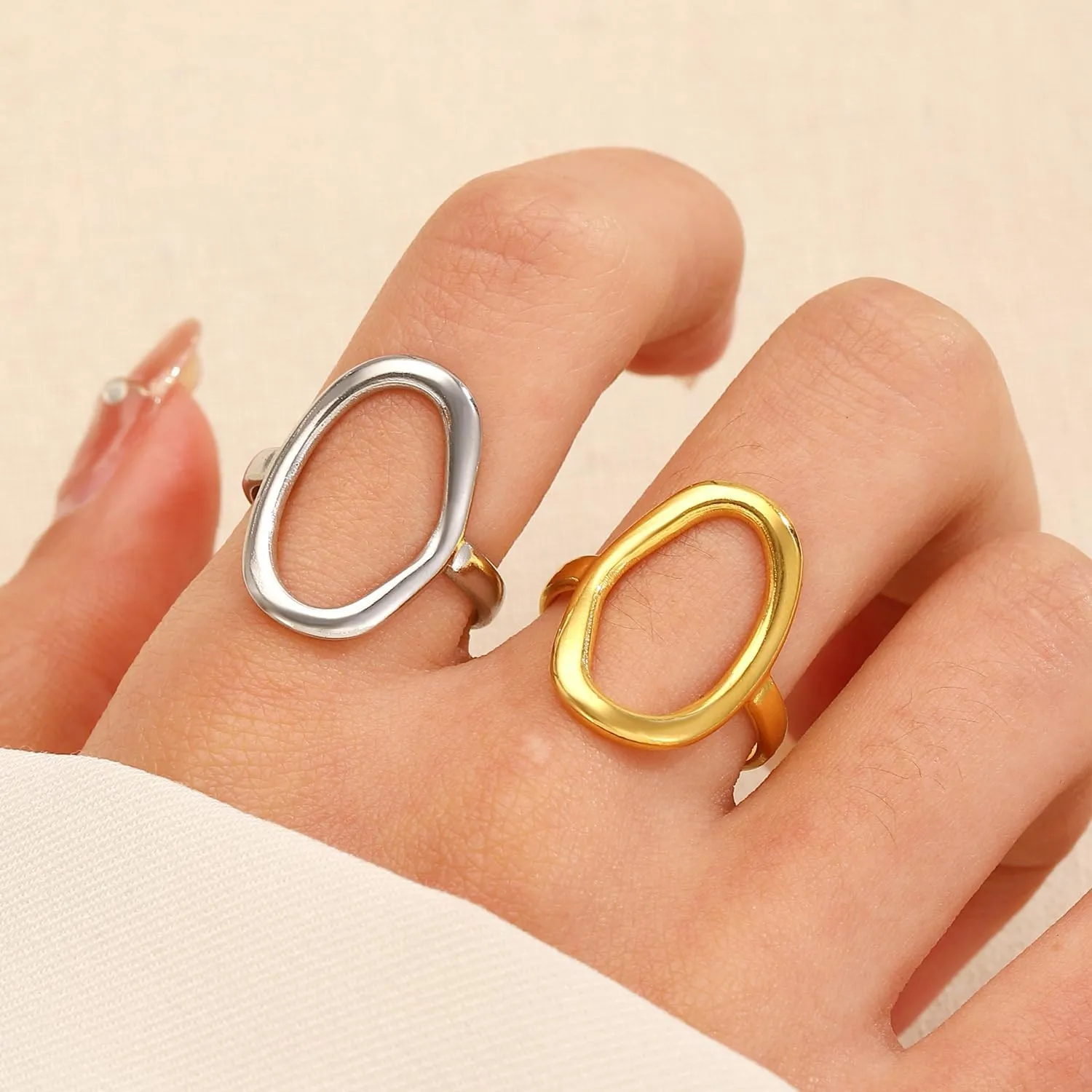 Charm Oval Round Loop Open Rings Set for Women, Simple 14K Gold Geometric Circle Knuckle Statement Rings Minimalist Irregular Finger Rings Gifts