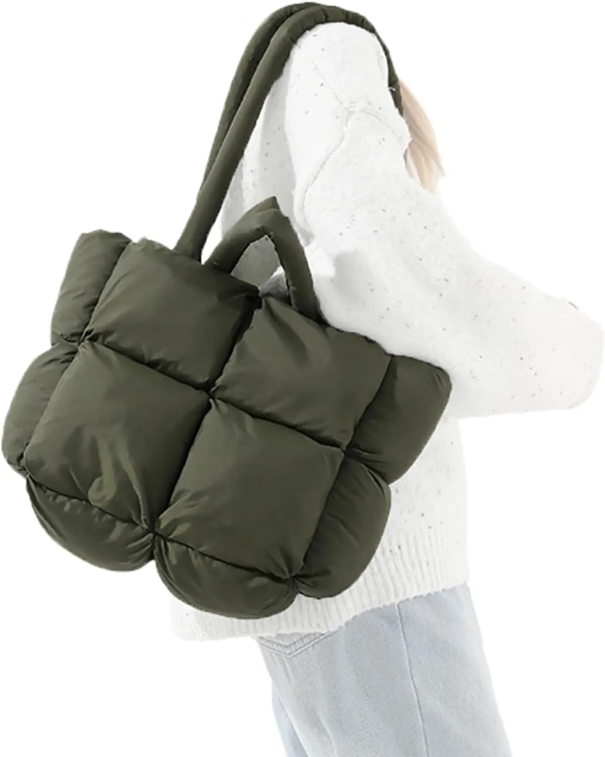 Checkered Puffer Tote Bag for Women, Bubble Quilted Hobo Large Movement Shoulder Bag Soft Cotton Handbag Square Puffy Satchel