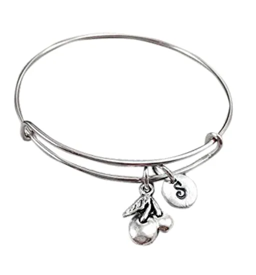 Cherry bangle bracelet, personalized bangle, charm bracelet, cherries, cherry charm bracelet, fruit bracelet, initial bracelet, bangle