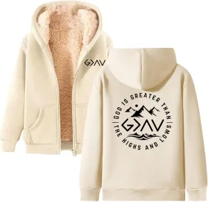 Christian Hoodies for Women God is Greater Than The Highs and Lows Graphic Hoodies for Women Fleece Lined Zip Up Hoodie Winter Warm Long Sleeve Sweatshirts Coats Outwear