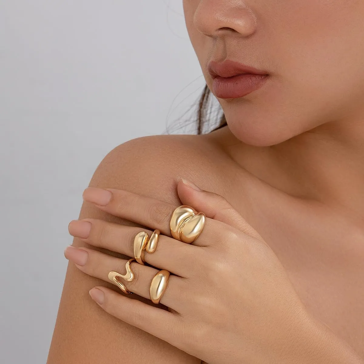 Chunky Gold and Silver Rings for Women - Adjustable Statement Open Bold Thick Stackable Rings Set - Gold Plated Jewelry