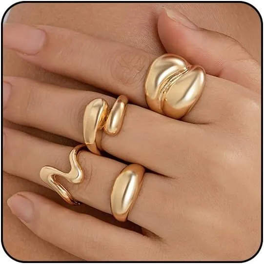 Chunky Gold and Silver Rings for Women - Adjustable Statement Open Bold Thick Stackable Rings Set - Gold Plated Jewelry