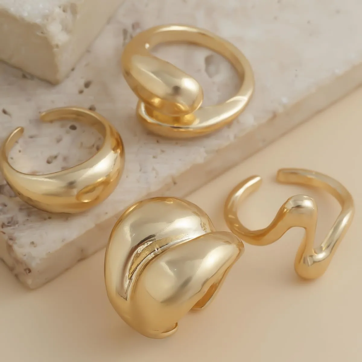 Chunky Gold and Silver Rings for Women - Adjustable Statement Open Bold Thick Stackable Rings Set - Gold Plated Jewelry