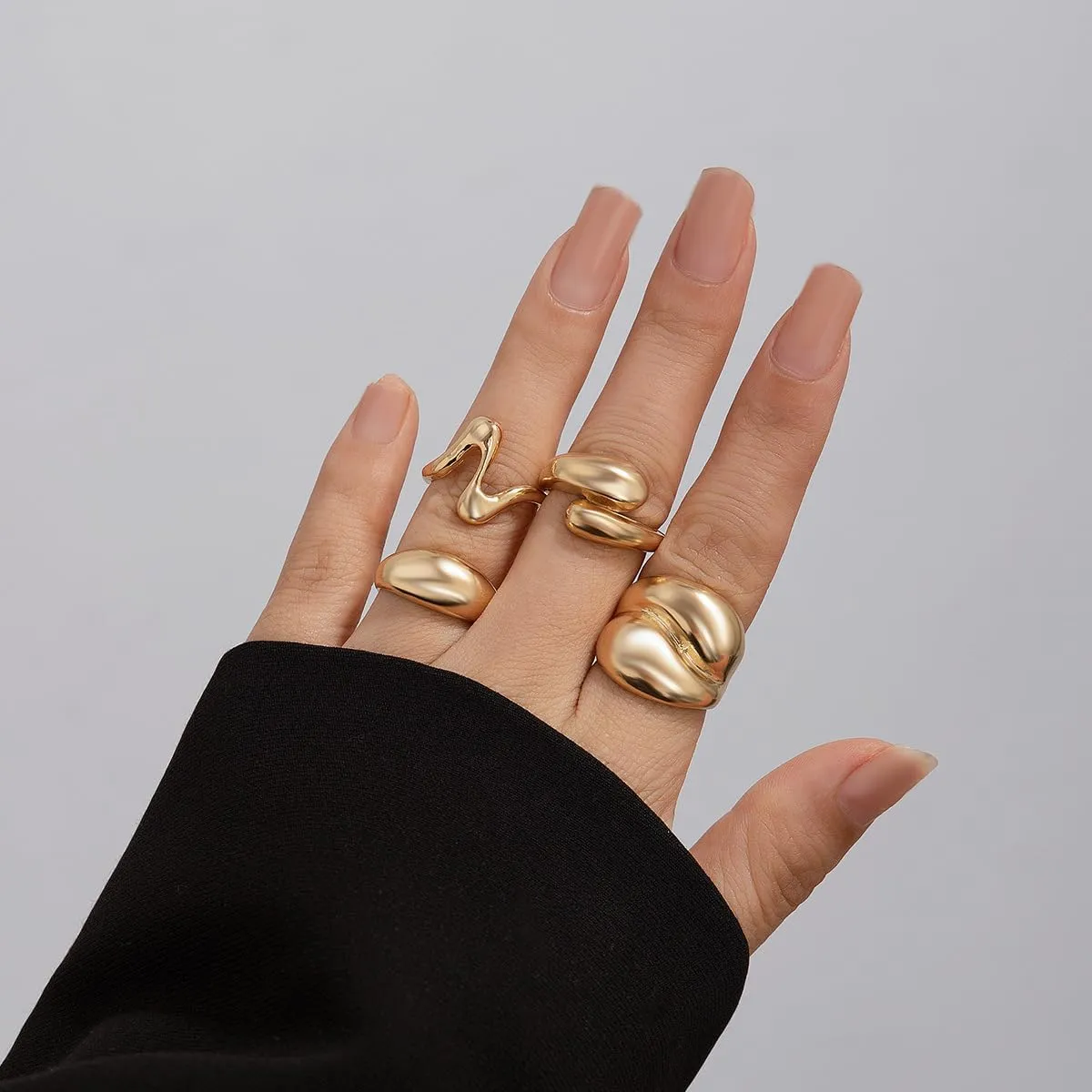 Chunky Gold and Silver Rings for Women - Adjustable Statement Open Bold Thick Stackable Rings Set - Gold Plated Jewelry