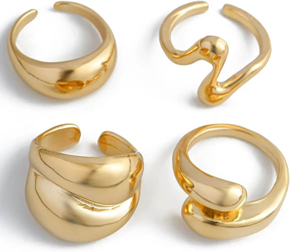 Chunky Gold and Silver Rings for Women - Adjustable Statement Open Bold Thick Stackable Rings Set - Gold Plated Jewelry