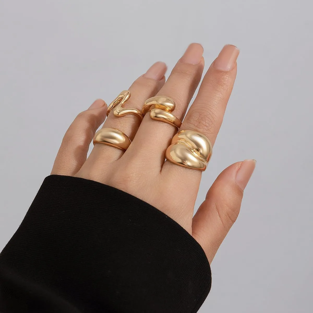 Chunky Gold and Silver Rings for Women - Adjustable Statement Open Bold Thick Stackable Rings Set - Gold Plated Jewelry