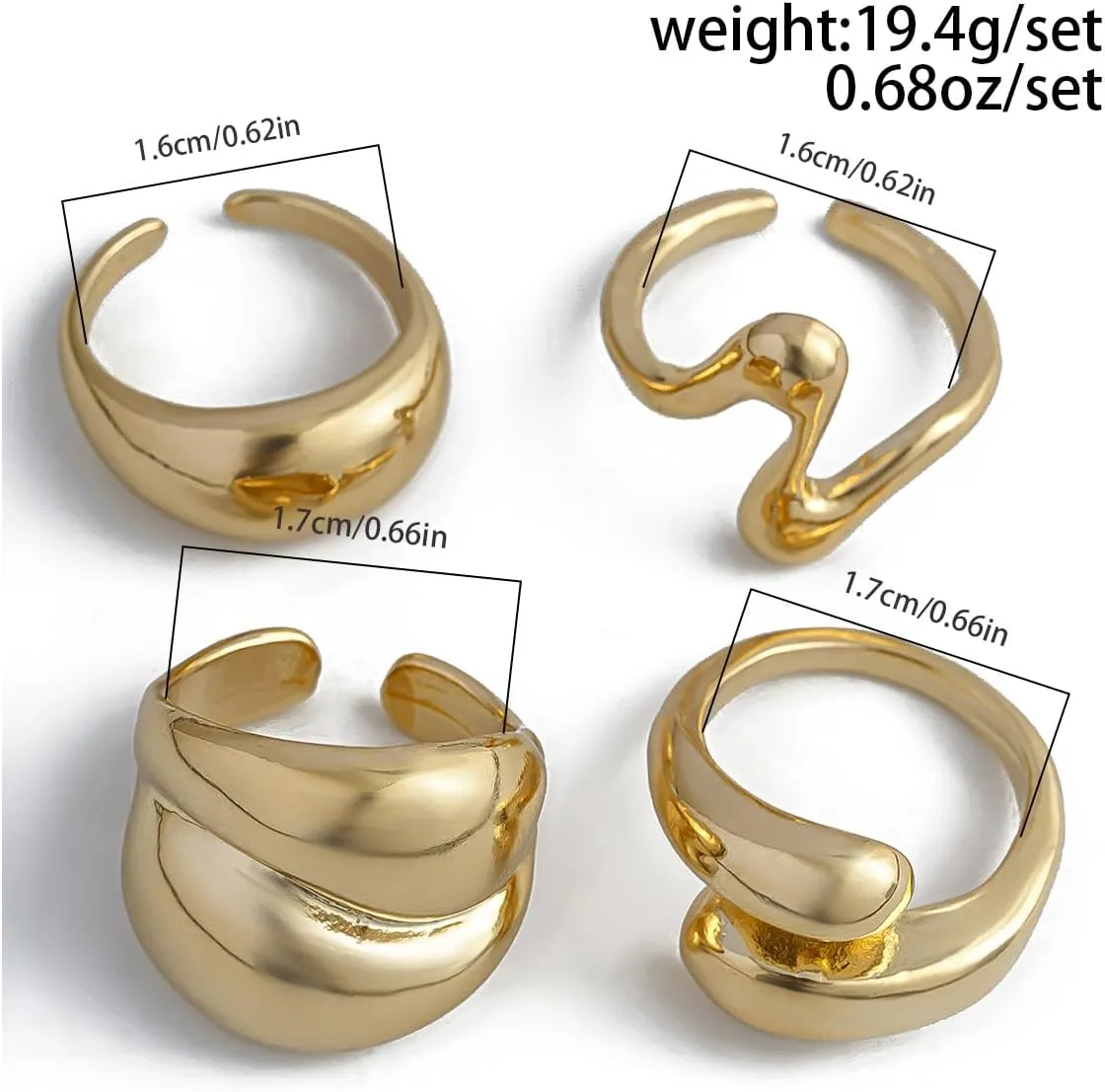 Chunky Gold and Silver Rings for Women - Adjustable Statement Open Bold Thick Stackable Rings Set - Gold Plated Jewelry