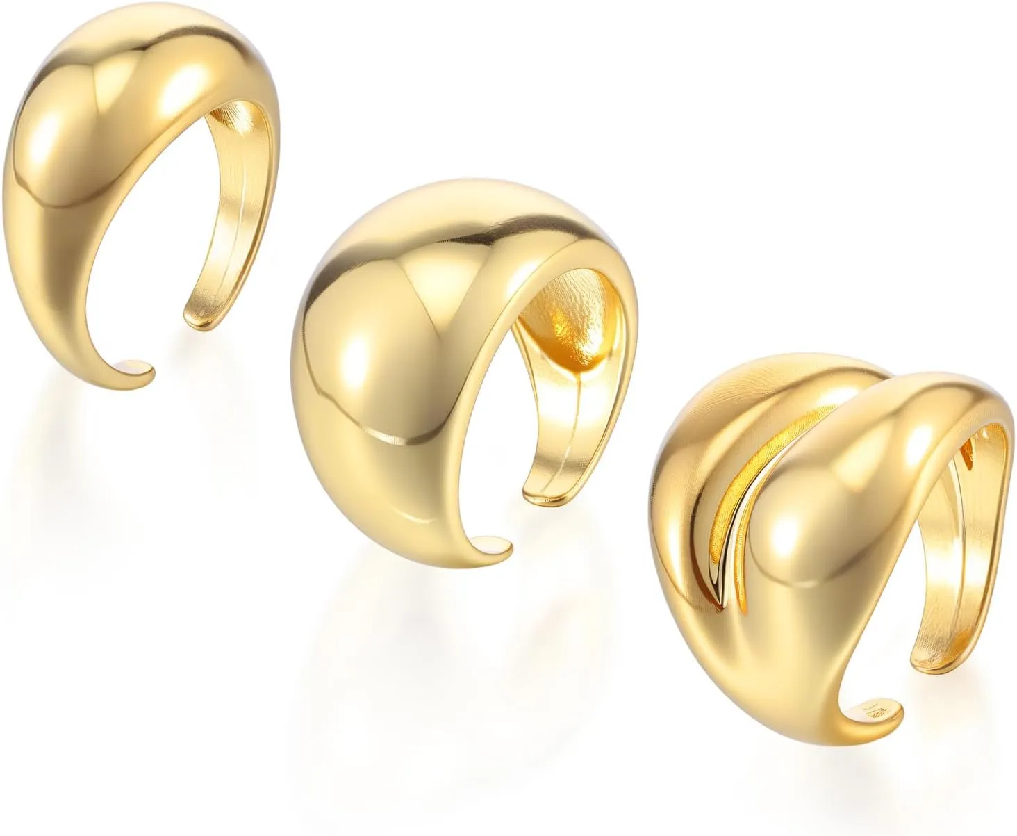 Chunky Gold Ring 3 Pcs Statement Thick Gold Plated Rings Set for Women Dome Rings Open Stacking Knuckle Adjustable Round Midi Finger Ring Jewelry Gift Dainty