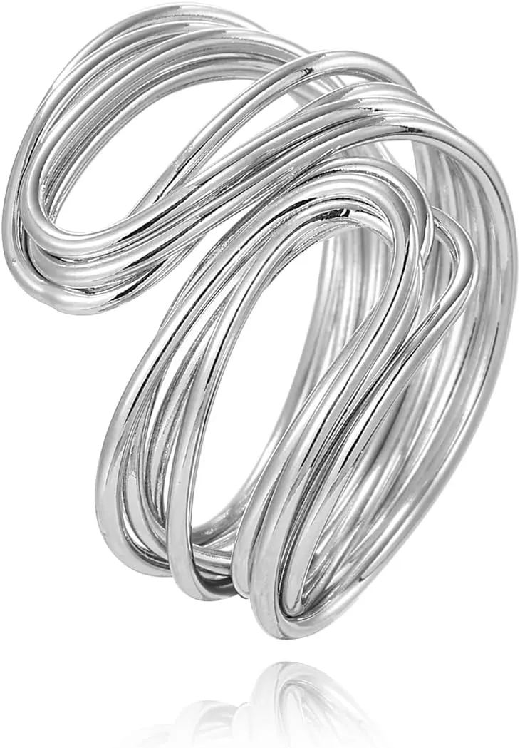 Chunky Open Geometric Statement Ring, White Gold Plated Metal, Adjustable