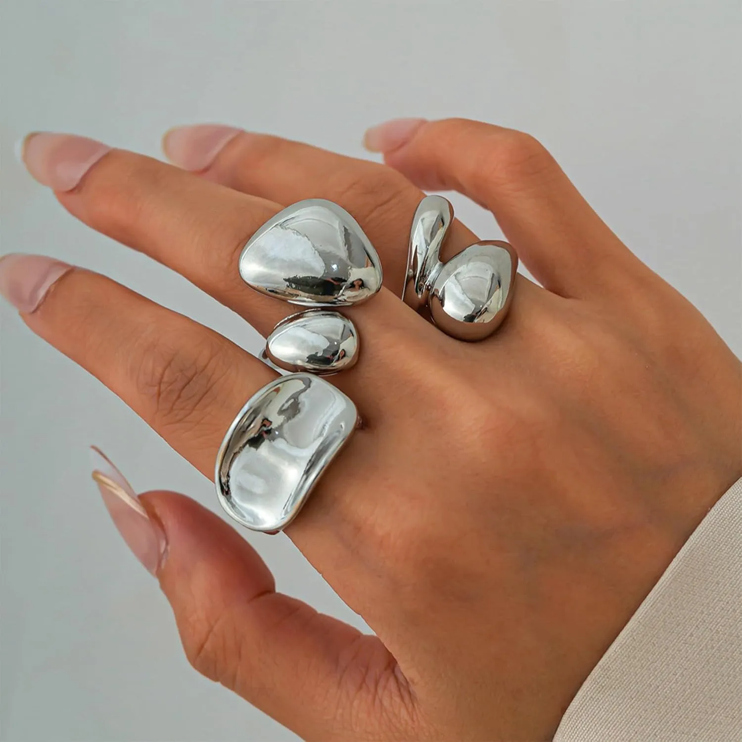 Chunky Rings for Women 3Pcs Gold Silver Stacking Ring Set Adjustable Open Irregular Geometric Stackable Rings Promise Statement Jewelry