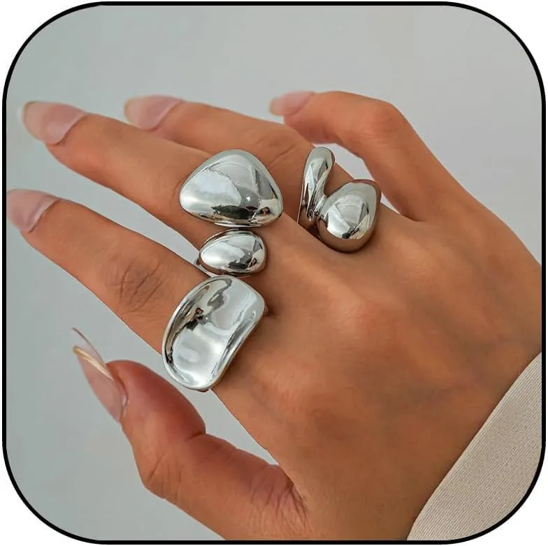 Chunky Rings for Women 3Pcs Gold Silver Stacking Ring Set Adjustable Open Irregular Geometric Stackable Rings Promise Statement Jewelry