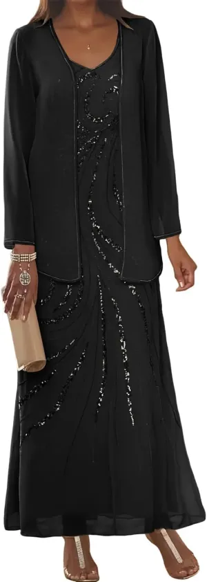 Clothfun Womens 2 Pieces Mother of The Bride Dresses with Jacket Chiffon Long Evening Dress for Formal Party Black Size 16A