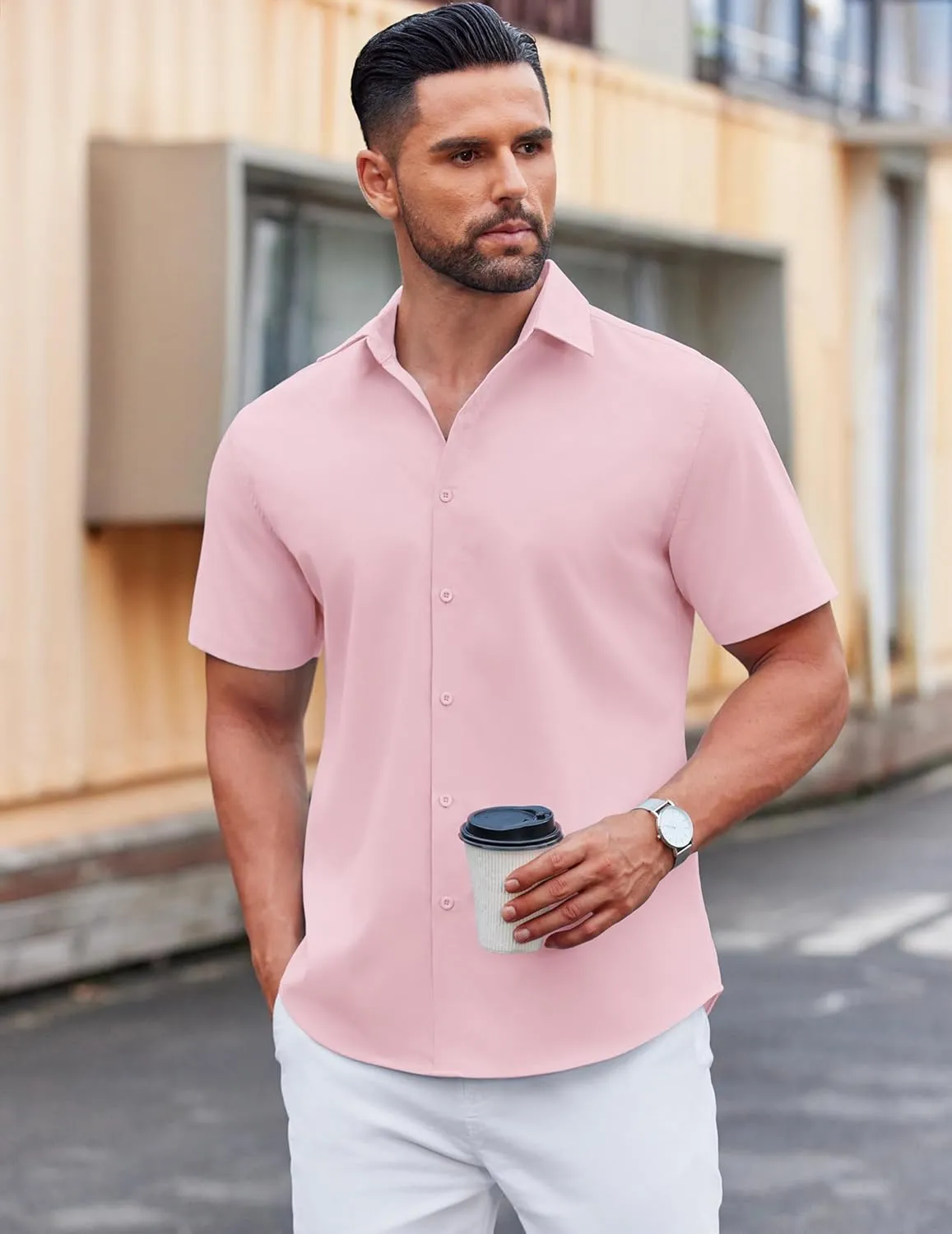 COOFANDY Men's Casual Short Sleeve Button Down Shirts Untucked Dress Shirts Wrinkle Free Summer Wedding Shirts Solid