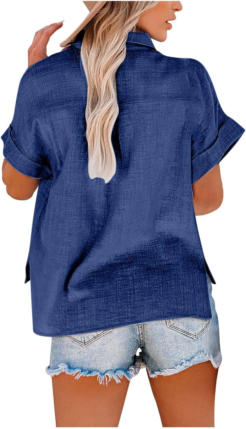 Cotton Linen Button Down Shirts for Women V Neck Collared Blouse Short Sleeve Business Work Tops Summer Gauze Shirt
