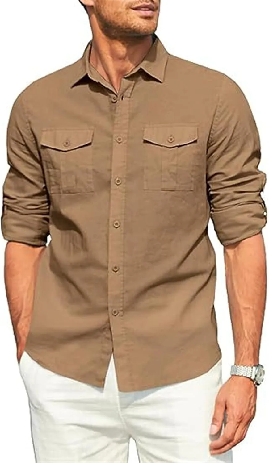 Cotton Linen Shirt for Man Button Down V Neck Casual Loose Regular Fit Solid Tops Vacation Beach Blouses with Pockets
