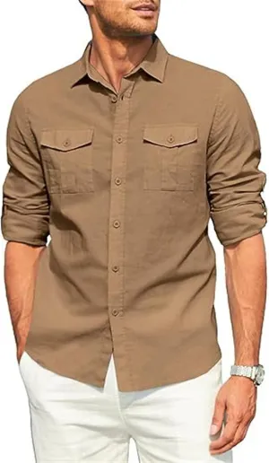 Cotton Linen Shirt for Man Button Down V Neck Casual Loose Regular Fit Solid Tops Vacation Beach Blouses with Pockets