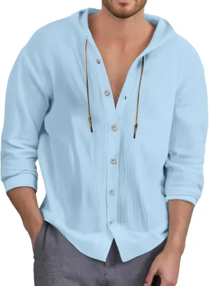 Cotton Linen Shirts for Men 2025 Summer Buttom Down Drawstring Flowy Baggy Hooded Tshirts Comfy Loose Relaxed Fit Top