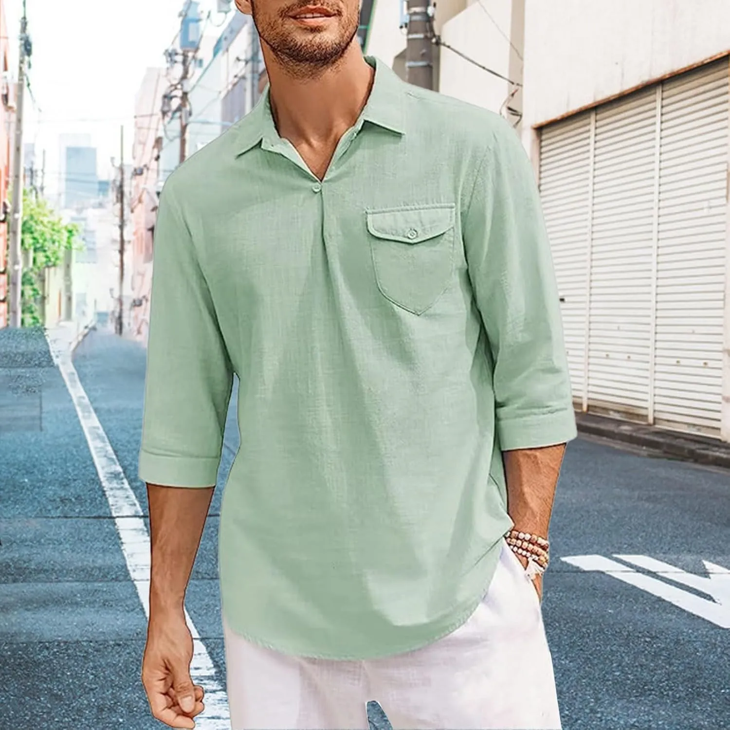 Cotton Linen Shirts for Men Button V Neck Lightweight Casual 3/4 Sleeve Henley Beach Hawaiian Tops with Pocket