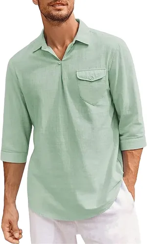 Cotton Linen Shirts for Men Button V Neck Lightweight Casual 3/4 Sleeve Henley Beach Hawaiian Tops with Pocket