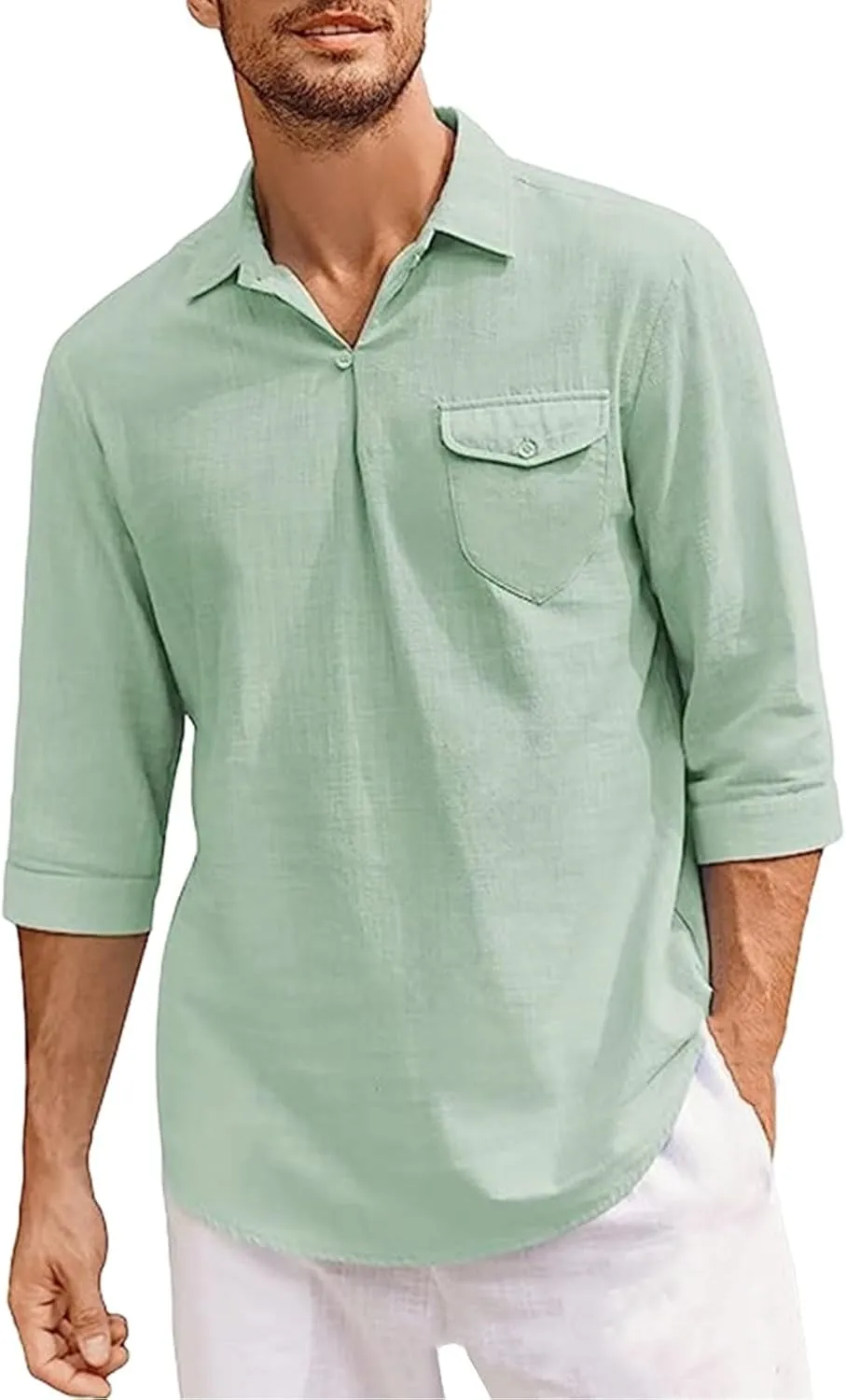 Cotton Linen Shirts for Men Button V Neck Lightweight Casual 3/4 Sleeve Henley Beach Hawaiian Tops with Pocket