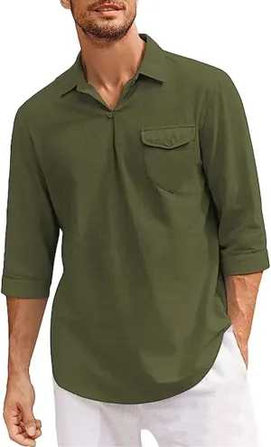 Cotton Linen Shirts for Men Button V Neck Lightweight Casual 3/4 Sleeve Henley Beach Hawaiian Tops with Pocket